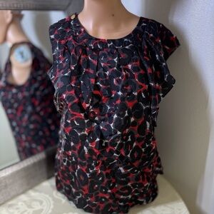 Michael Kors Black and Red Ruffled Cap Sleeve Blouse